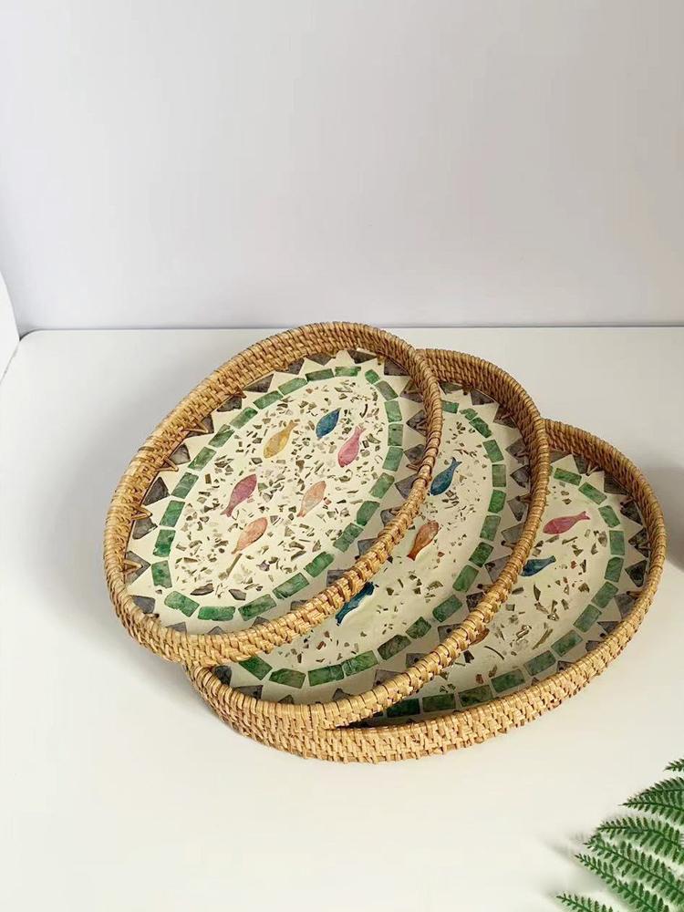 3PCS Oval Rattan Trays Colorful Shell Decor Hand Woven Storage Tray Set for Fruits Tea Utensils