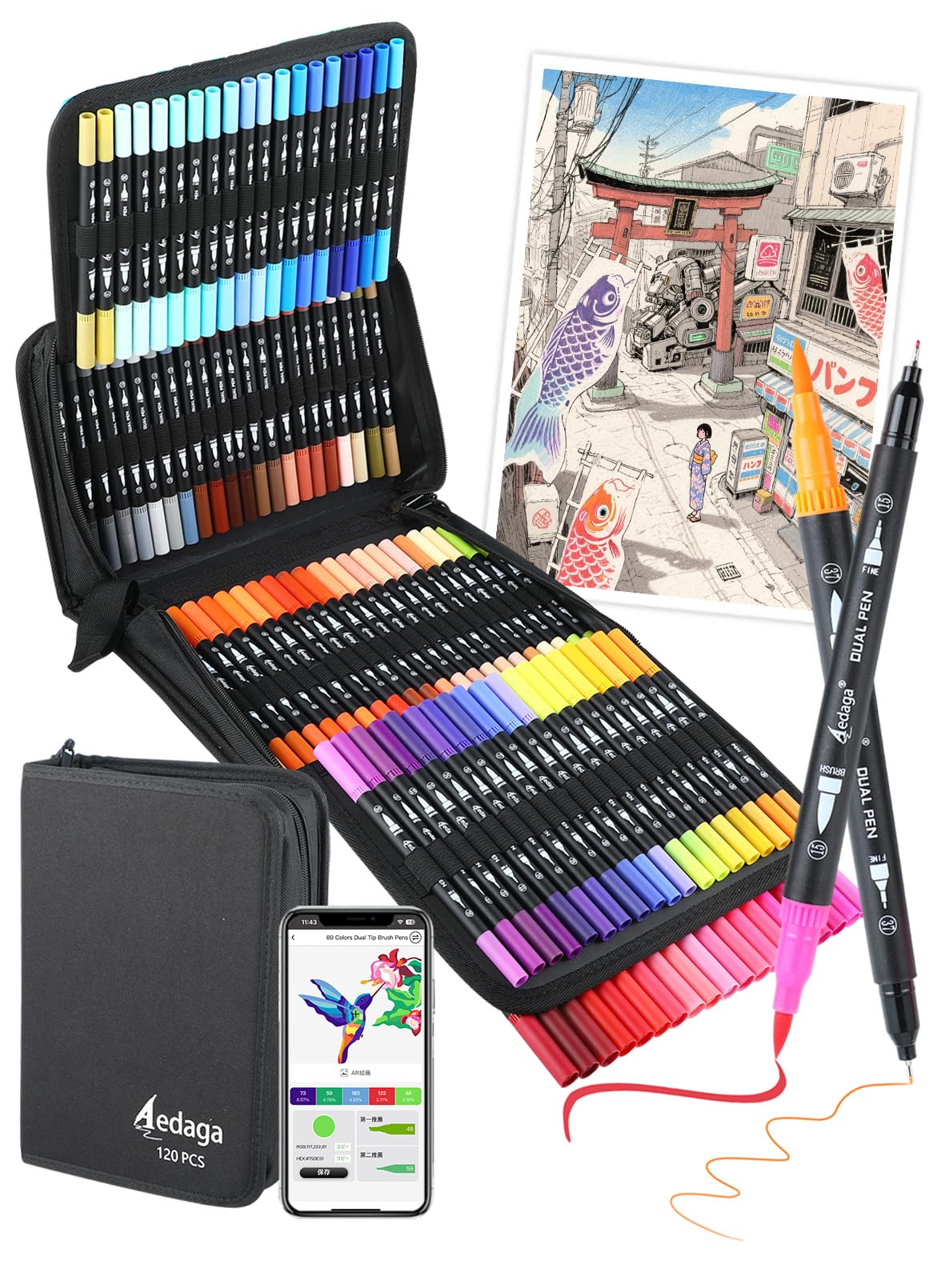 

Color Pen Set Pens with Free Fine Broad Watercolor Brush Perfect for Letter Coloring Adults Children Case Included (120 Colors) - Water-Based App, &