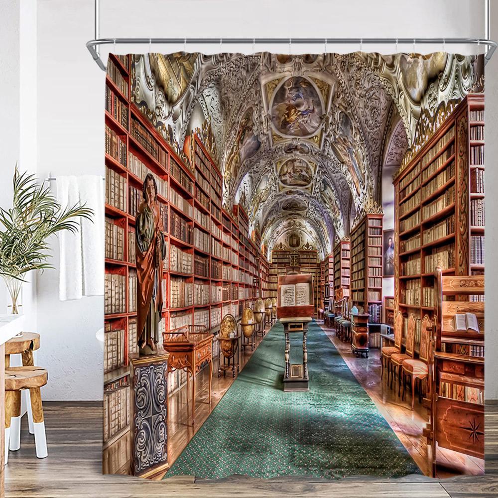 Vintage Bookshelf Shower Curtains Retro Library European Style Bookshelves Studying Bathroom Decorations Retro Bath Curtain 90x180cm-35x70in