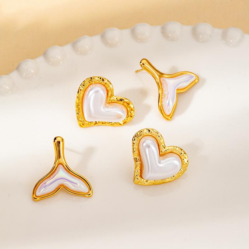 DIEYURO 316L Stainless Steel Golden Inlay Fish Tail Heart Pearl French Earrings Lady New Trend Earbob Jewelry Glamorou