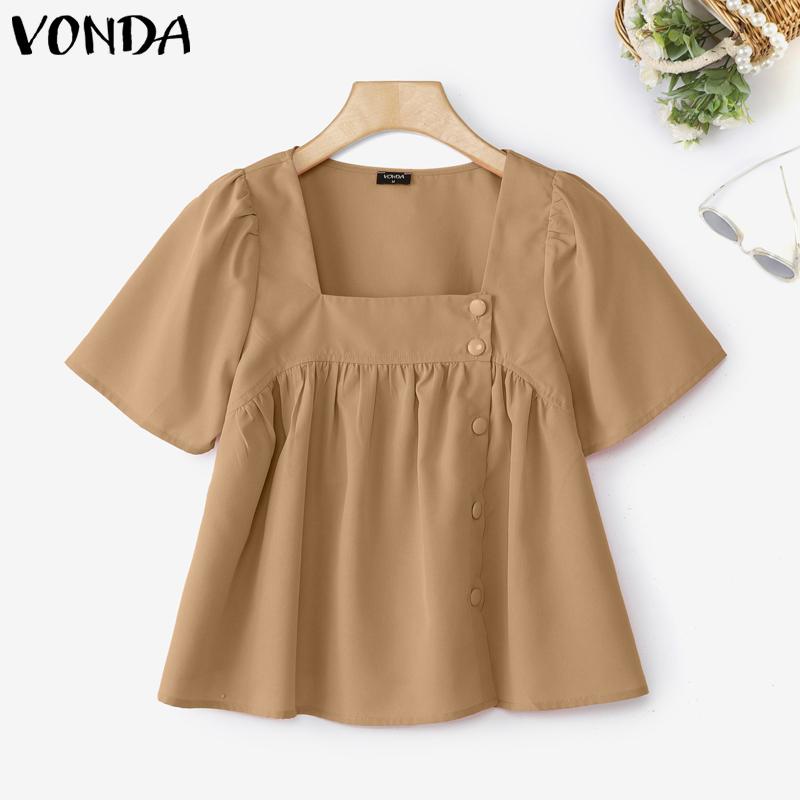 

VONDA Женская Летняя Блузка с Квадратным Вырезом, Коротким Рукавом, Пуговицами, Повседневная, с Рюшами 5XL хаки