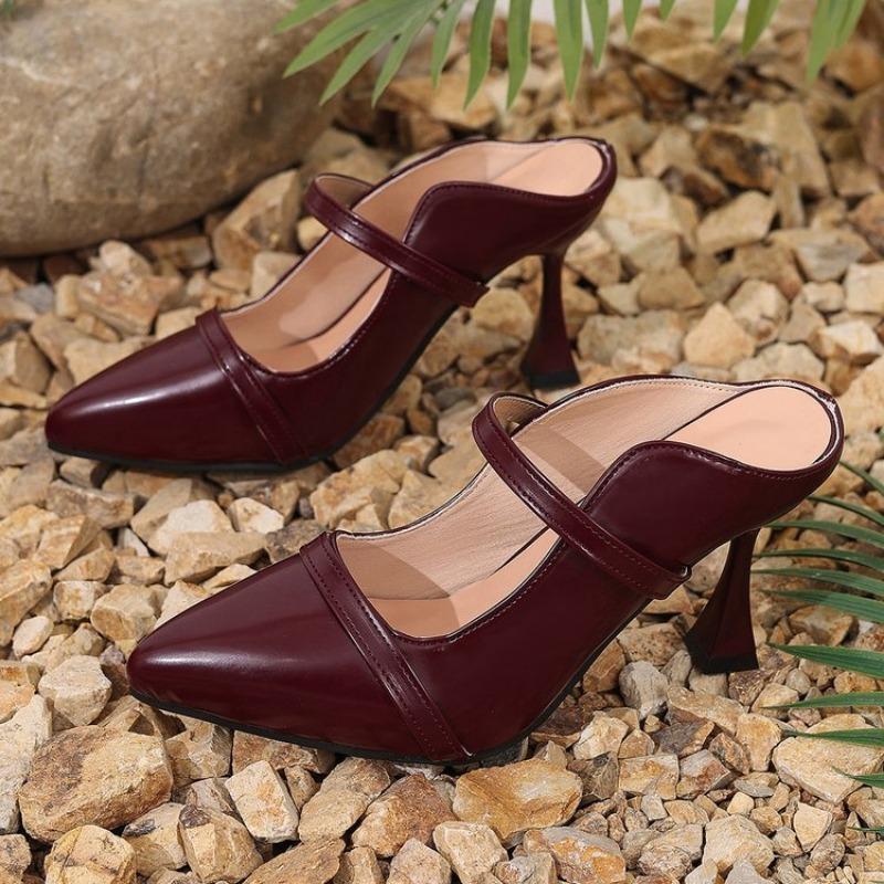 Fashion Burgundy Matte Leather Slippers Slip On Sexy Pointed Toe Stiletto Thin High Heel Straps High Heels Solid Handmade Fashion Shoes