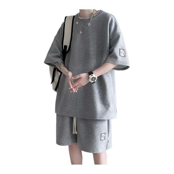 [Aaronlive] Men s T-shirt, Summer Clothes, Short Sleeve, Top and Bottom Set, Loose, Jersey, Men s Top and Bottom, Half Pants Setup, Men s, Plain