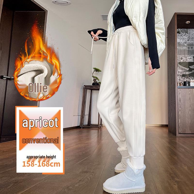 Women's Dark Blue Fleece-Lined Windproof Harem Sweatpants - Loose, Cuffed, Thick, and Warm for Autumn and Winter