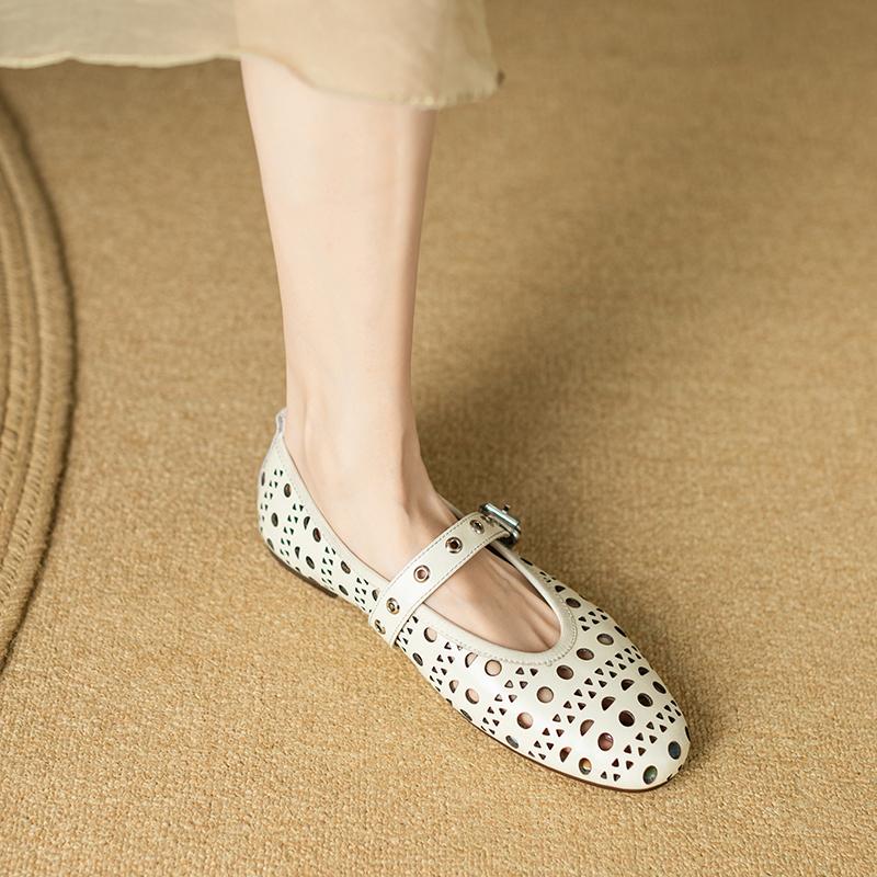 2024 New Spring Summer Women Flats Concise Retro Buckle Strap Genuine Leather Mary Janes Hollow Out Casual Working Shoes Woman