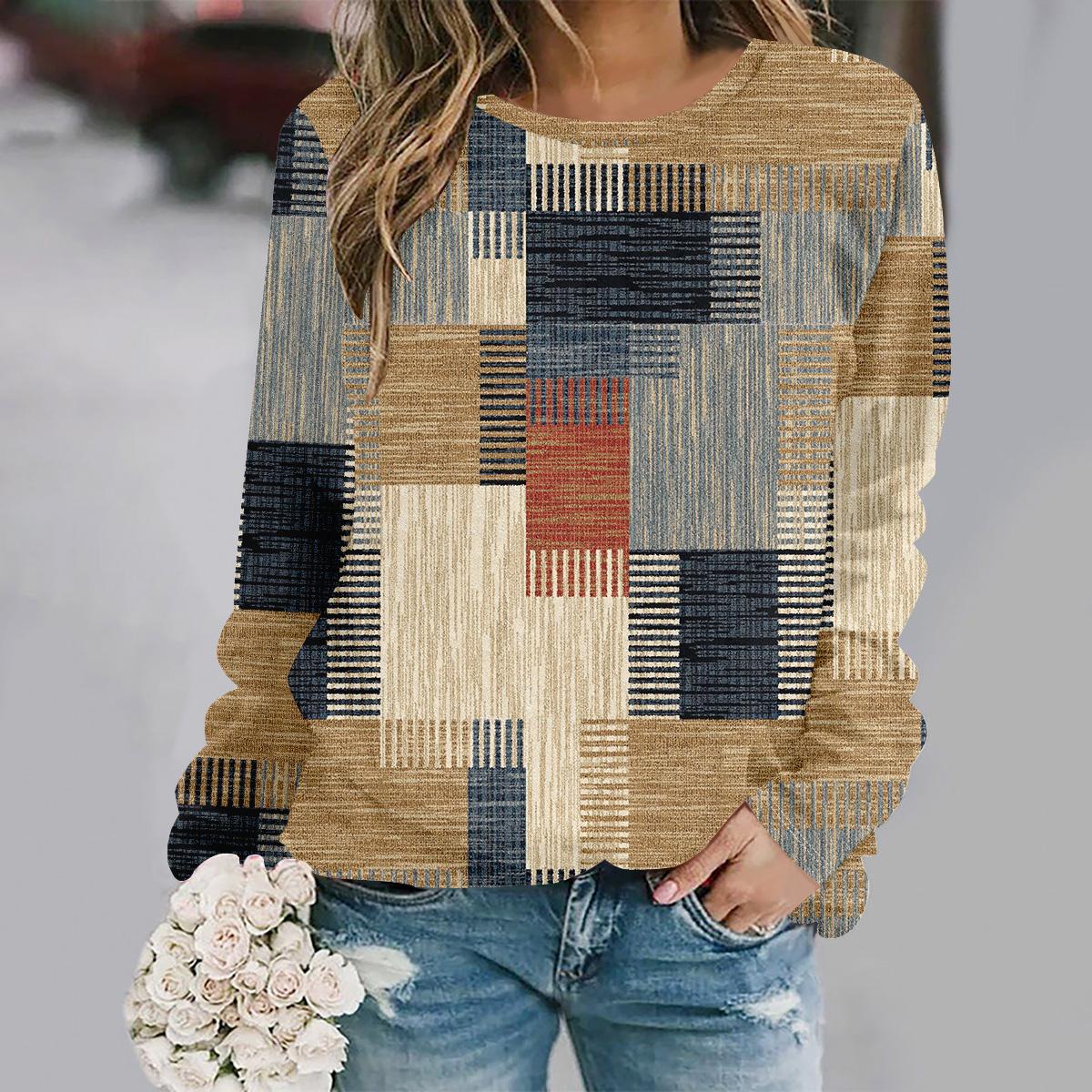 

Мода осень-зима 2025, элегантные повседневные футболки с круглым вырезом, длинным рукавом и принтом, свободного кроя 5XL