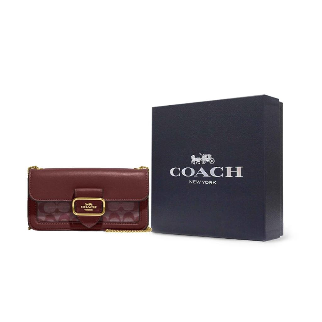 Coach Morgan 20 Klassische Monogramm Jacquard Klappverschluss Stoff und Leder Schulter Crossbody Tasche Kleine Damen Taschen Bordeauxrot CH150-IMMZI