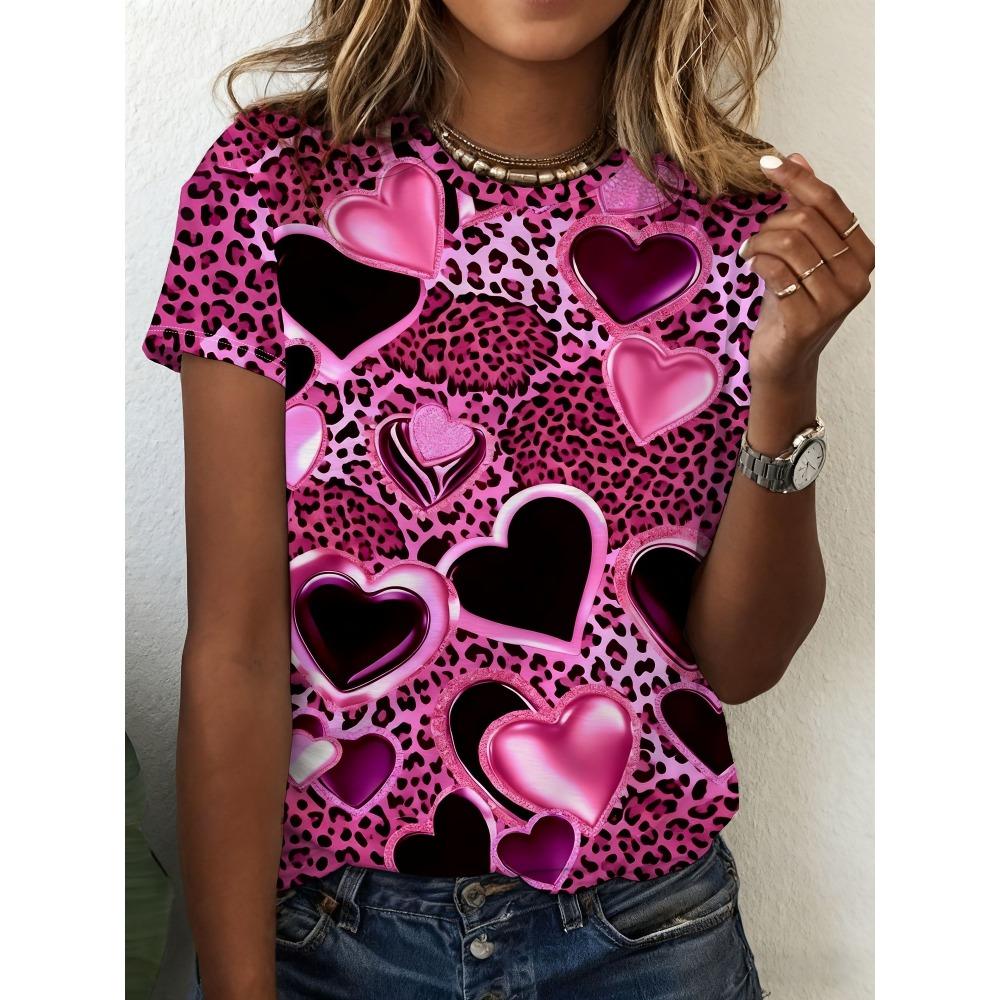 Summer Leopard Heart 3D Print T-Shirts Fashion Women's Round Neck Short Sleeve T Shirt Tees Harajuku Tops Female Clothing