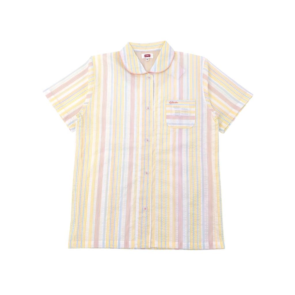 Takihyo EDWIN Short Sleeve Pajama Cotton Soccer Check and Stripe Short Cropped Shirt Yellow Women's Set, Blend, Pattern, Open-Front, Sleeves, Pants,