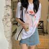 Pure cotton, Korean version of summer new loose casual cartoon printing medium and long short-sleeved t-shirt women's tide