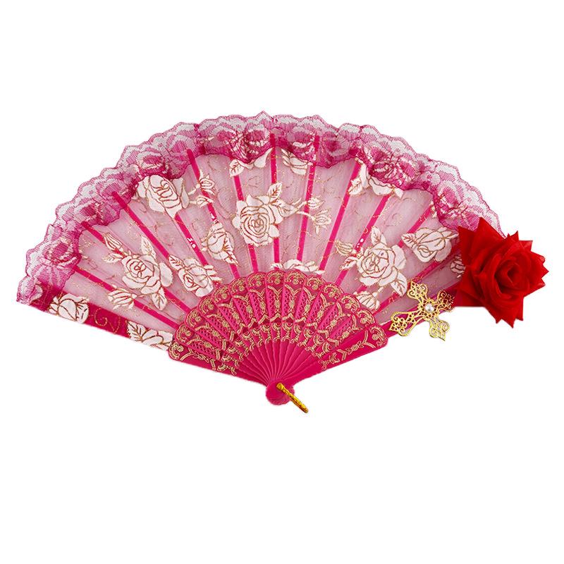 LED Luminous Lace Rose Folding Dance Fan - Chinese Style Wedding Accessory