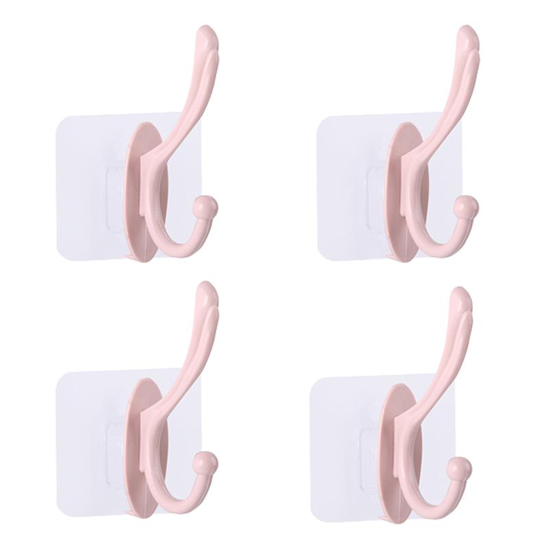2/4pcs Nail-Free Self-Adhesive Wall Hooks Double Hook Hangers for Coats Wall-Mounted Bathroom Accessories and Clothes Storage