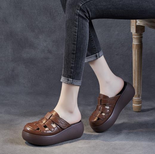 Mode 6CM Neues Design Damen Hausschuhe Sommer Slingback Sandalen Runde Zehe Echtes Leder Plateau Keilabsatz Retro Draußen Lässige Pantoletten