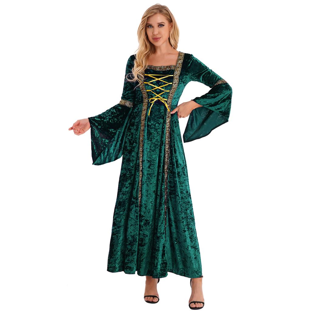 Robe Vintage rétro médiévale pour femmes, manches évasées, à lacets, Costume de sorcière Cosplay d'halloween