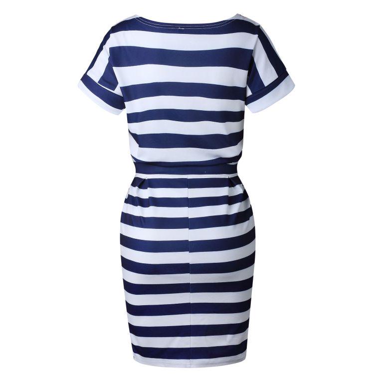 Summer Dresses Sashes Round Neck Short Sleeve Striped Print Fashion Belt Fashion Style Women Dress