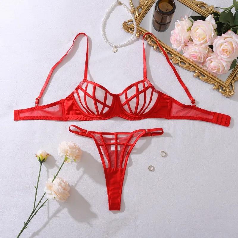 Luxury Lingeries Sexy Hot Women Erotic Costumes See Through Mesh Pusp Up Bra And Panty With Garter Belts Gloves Choker Underwear
