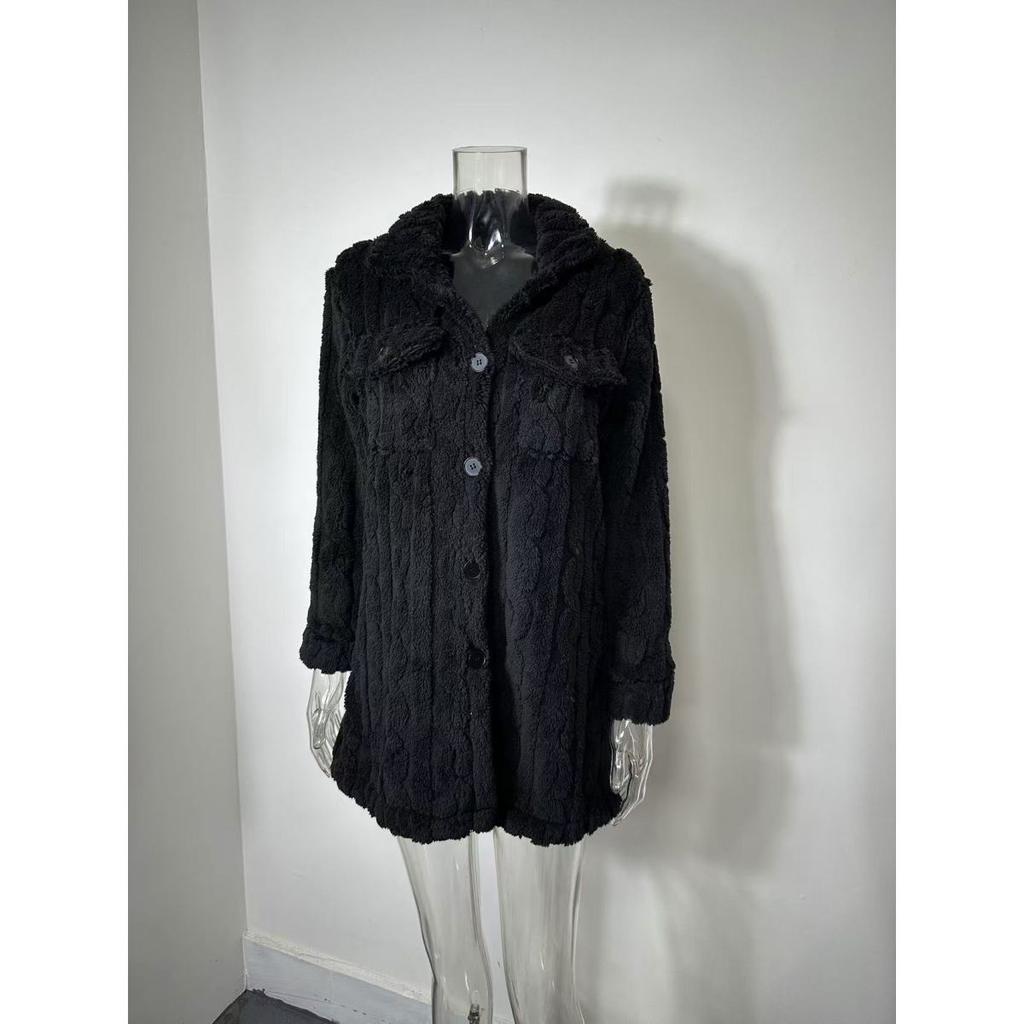 Damen Winter Gerippt Knopf Langarm Revers Lässig Plüschjacke