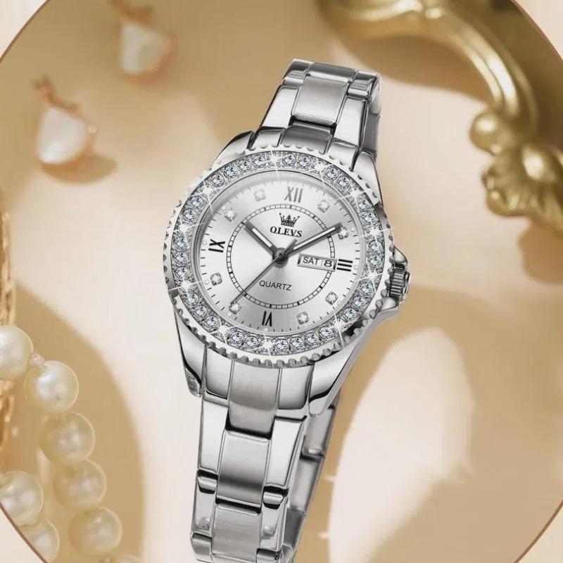 OLEVS Dámské hodinky Módní elegantní originální křemenné náramkové hodinky pro mladé dívky, ciferník s kamínky, datum, den v týdnu, vodotěsné, luminiscenční
