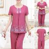 2 Pcs/Set Women T-shirt Pants Set Flower Print Round Neck Short Sleeves Elastic Waist Wide Leg Sleeping Loose Button Decor Plus Size Mom Nighty