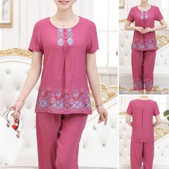 2 Pcs/Set Women T-shirt Pants Set Flower Print Round Neck Short Sleeves Elastic Waist Wide Leg Sleeping Loose Button Decor Plus Size Mom Nighty