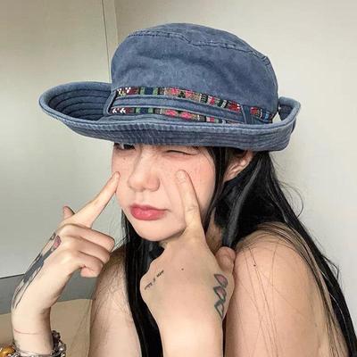Retro Denim Wide-Brim Fisherman Hat: Ethnic Style for a Slimmer Face