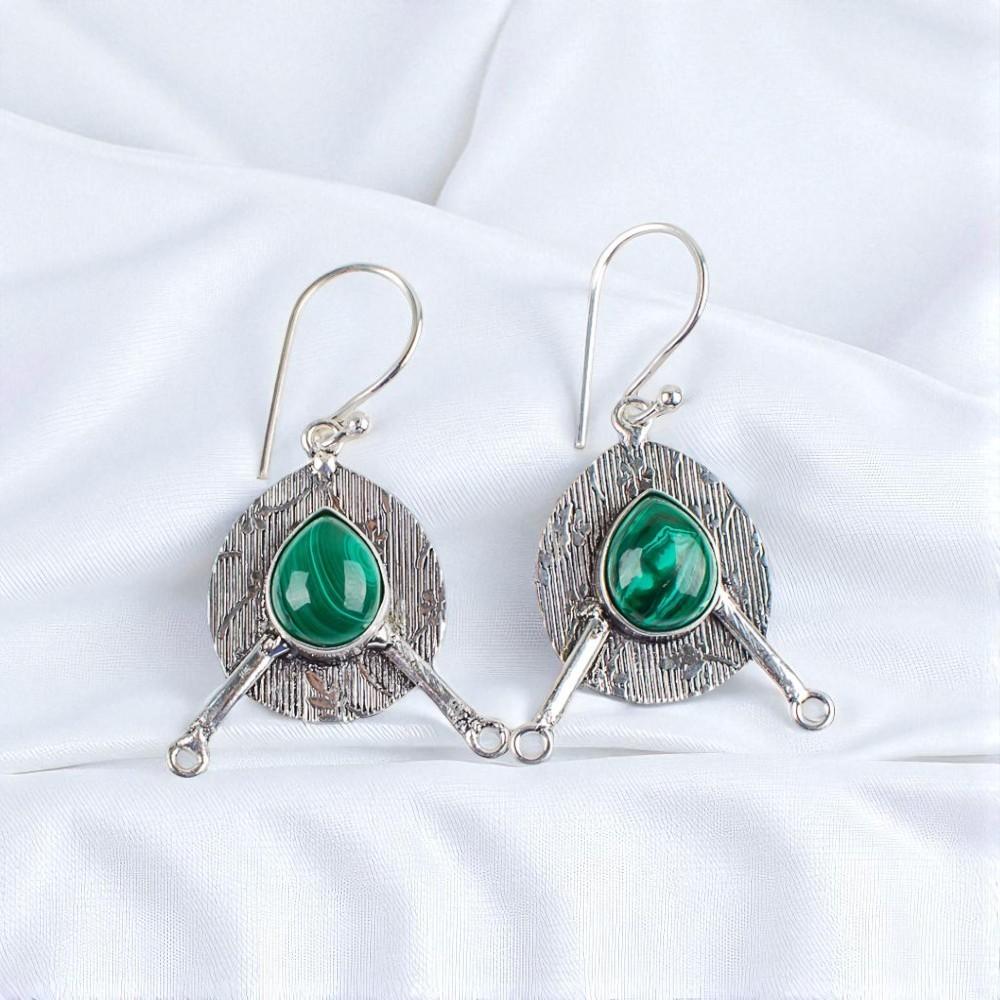 Rare Malachite Gemstone 925 Sterling Silver Jewelry Handmade Hook Earrings 1.86" EE-78-18