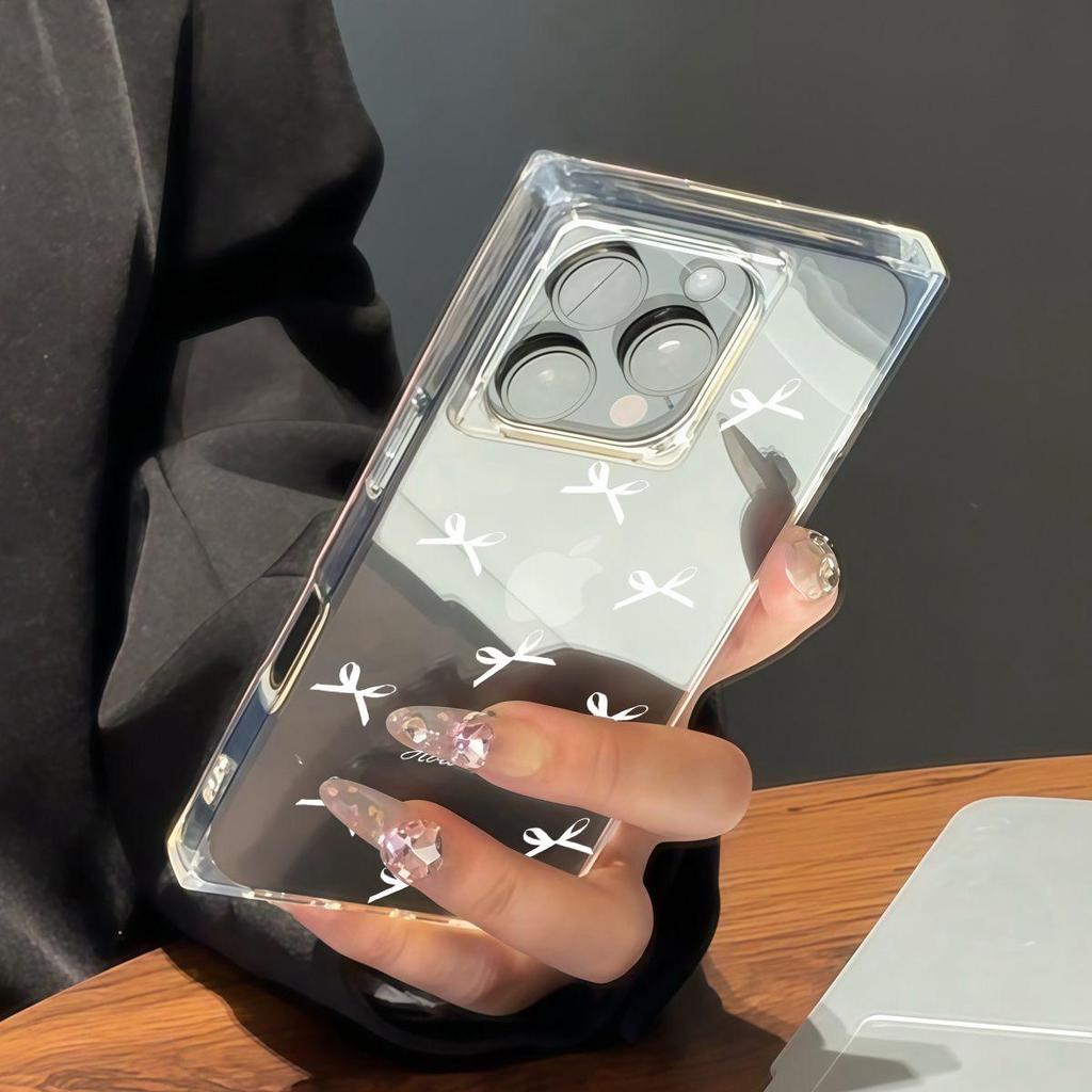Square Back Tube Protection Clear Case For iPhone 16 ProMax 12 13 15 Plus 14 Pro Max 11 Anti-Oxygen,White Bow Tie Pattern Casing
