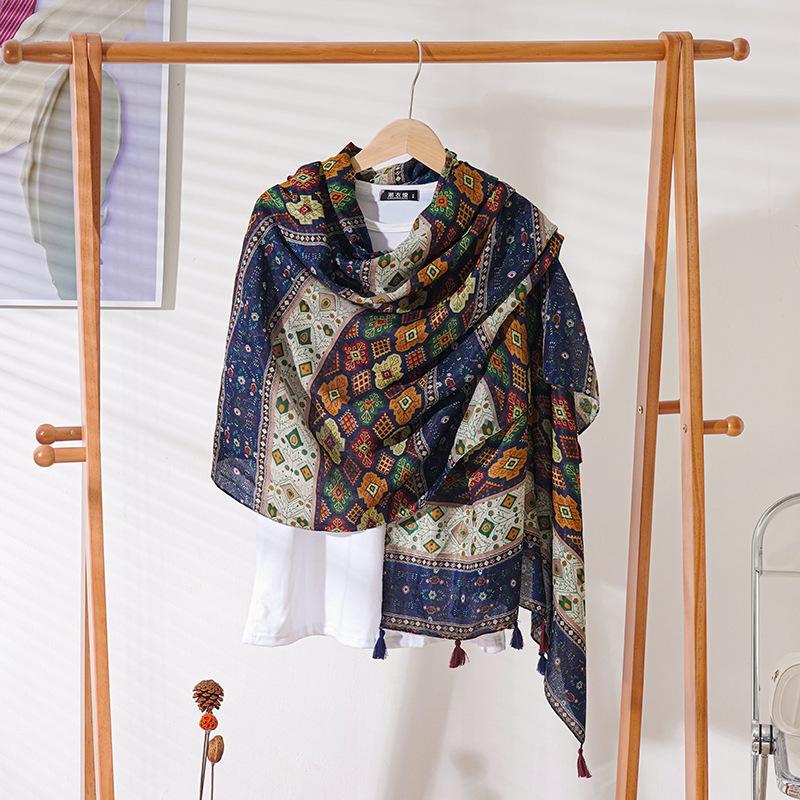 

Дизайнерский брендовый женский шарф с классическим принтом, женские шали из хлопка, мягкие, большие хиджабы, повязка на голову с кисточками, платок