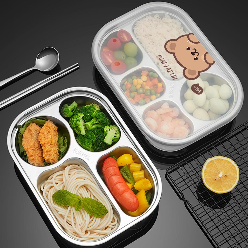 WORTHBUY 4/5 Grids 316 Stainless Steel Dinner Plate Portable Divided Lunch Box For Students Kids Large Capacity Food Contianer