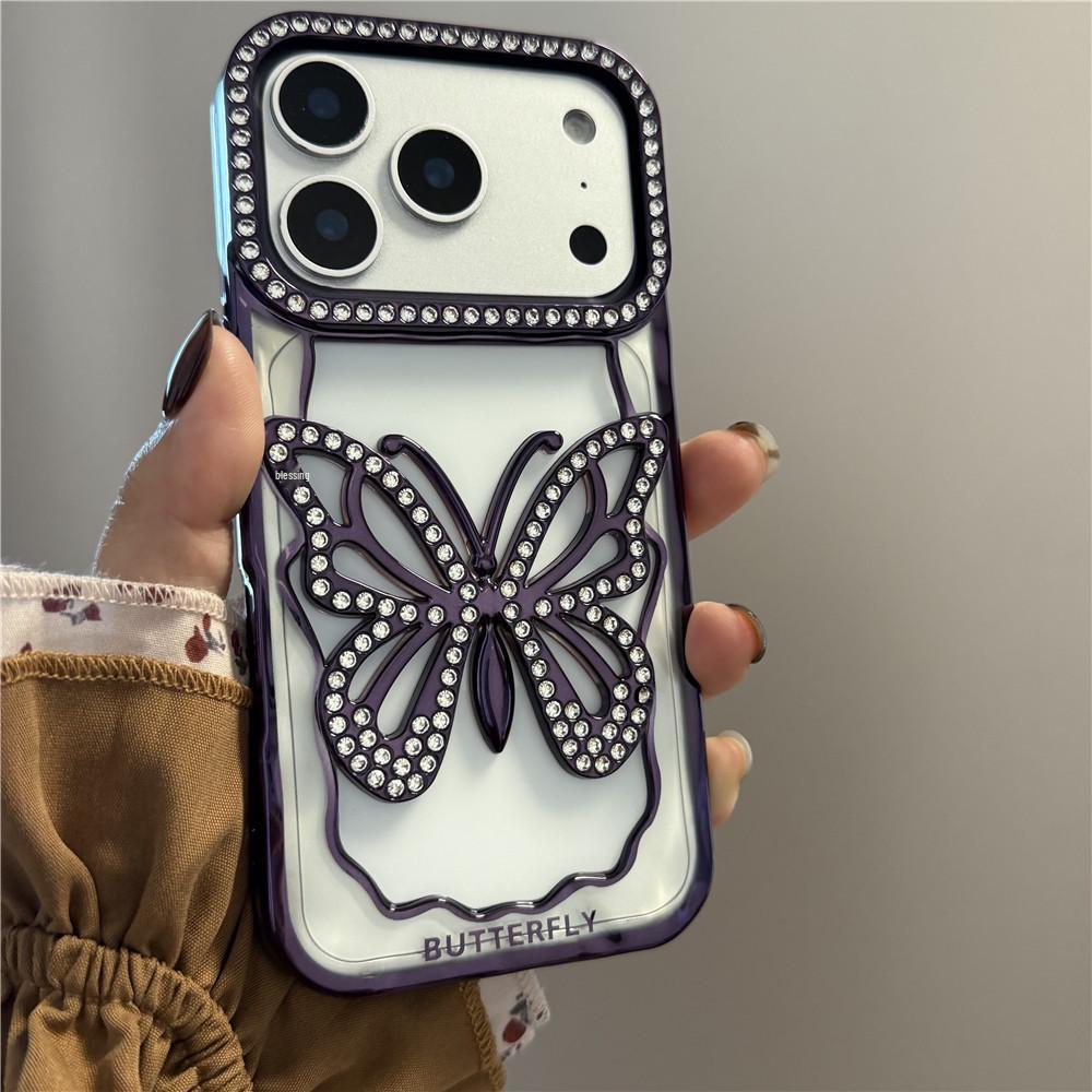 iPhone 17 Pro Max Case: Hollow-Out Rhinestone Butterfly Electroplated Protective Cover for 16/15/13 Pro Models