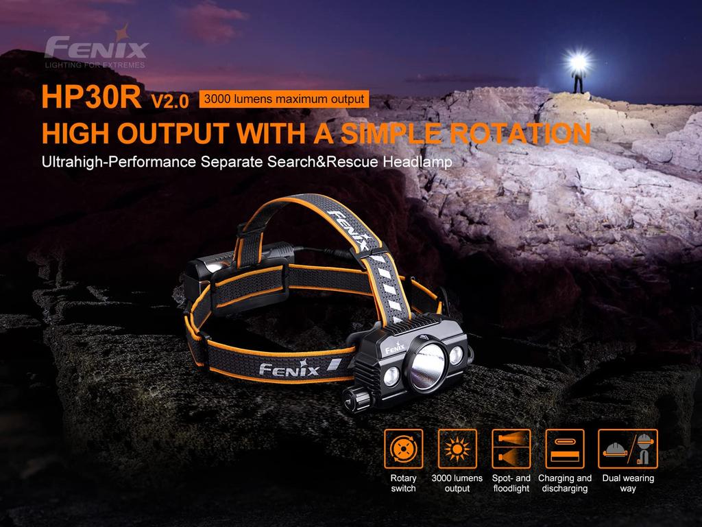 Fenix HP30R Max 3000 Dual Professional IP66 for and Work V2.0 Headlamp, Lumens, USB-C Rechargeable, Waterproof, Rescue, Search, Adventure,