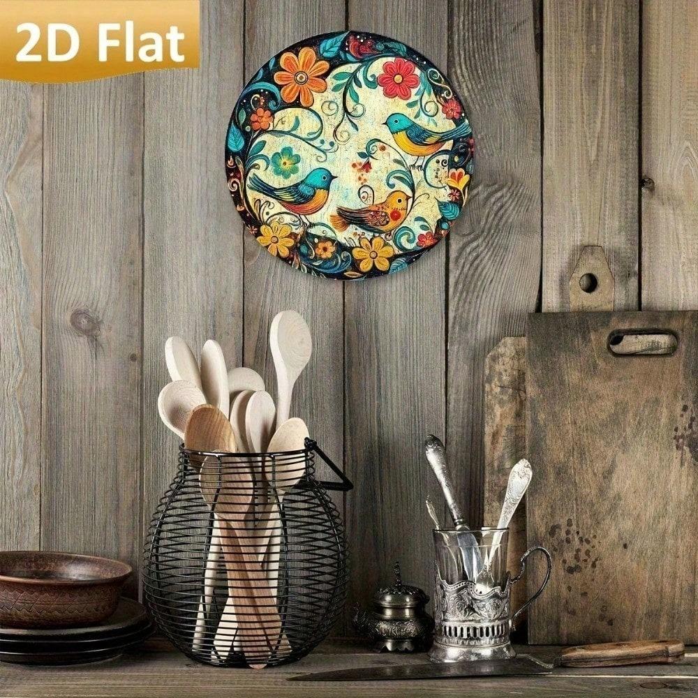 Vintage Tin Sign 8x8 Floral Bird Wall Art, Rustic Metal Decor for Kitchen Bar Cafe