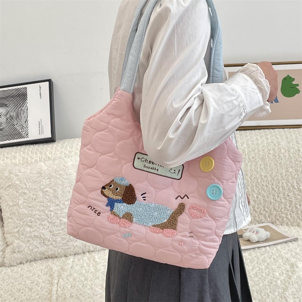 Trendy Street Style Student Tote Bag With Cute Embroidered Dog In Beautiful Hues
