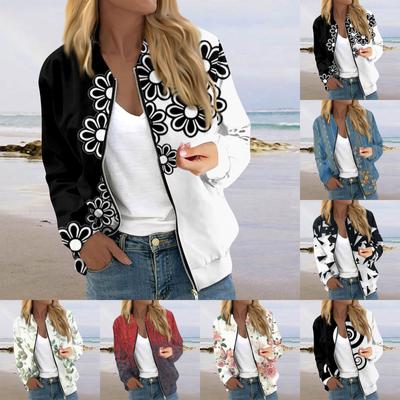 Jaquetas femininas de manga comprida, leves, com zíper, cortadas, fashion, estampa floral, casacos casuais acolchoados com bolsos