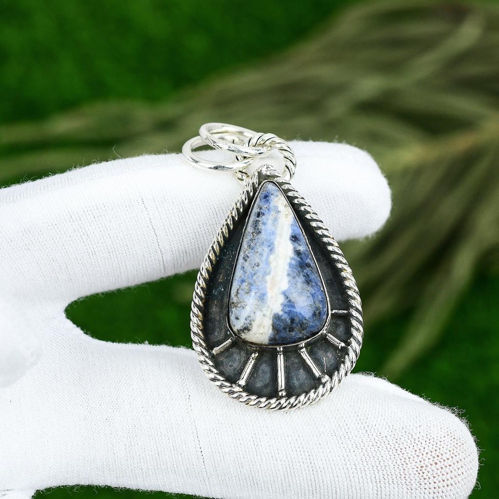 Natürlicher Sodalith Edelstein Anhänger Handgefertigt 925 Sterling Silber Indischer Schmuck