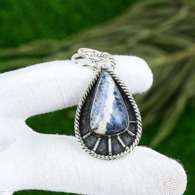Natural Sodalite Gemstone Pendant Handmade 925 Sterling Silver Indian Jewelry