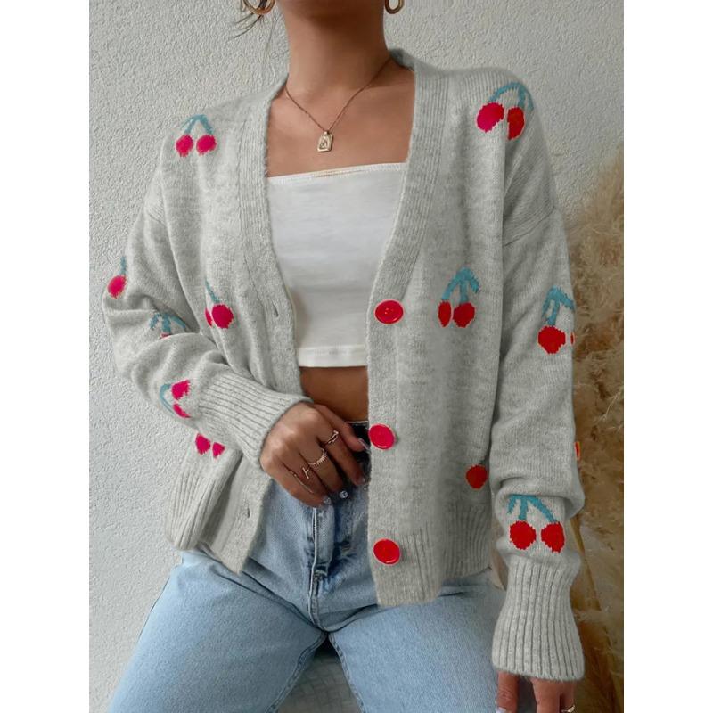 Women S Casual Cherry Pattern Knit Cardigan V Neck Loose Fit Button Detail Sweet Sweater