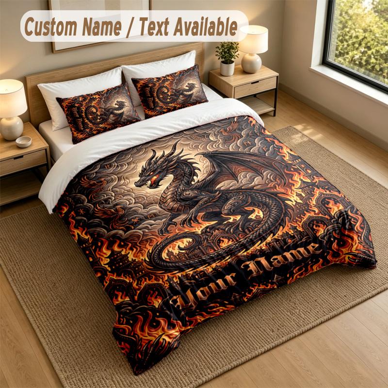Drachen Phönix Thema Personalisierte 3-teilige Bettwäschegarnitur Benutzerdefinierter Text & Name 1 Bettlaken 2 Kissenbezüge Haushaltsbettwäsche 1 Stück