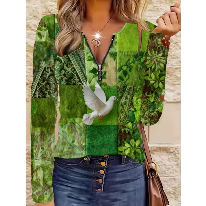 Top elegante de mujer con cremallera y estampado de manga larga, estiloso y versátil para otoño e invierno, uso casual y de oficina, lavable a máquina