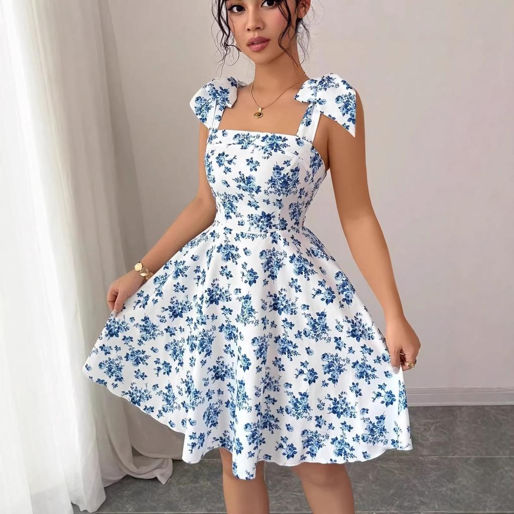 Sleeveless Square Neck Floral Print Dress with Shoulder Straps and A Line for Women Casual Wear