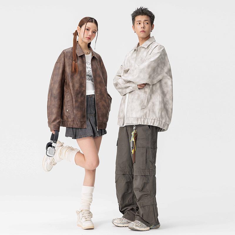 Autumn Couple Handsome Leather Jacket Trench Coat Couple Ruffian Handsome Loose Locomotive Cycling Clothes Trendy Men Trench Coat Leather Jacket