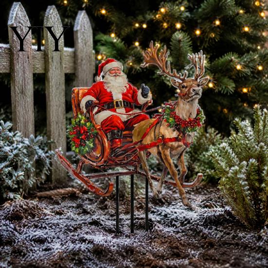 Christmas Garden Stakes Santa Claus Stake, Acrylic Yard Sign, Retro Style Outdoor Decor Reindeer Sleigh Ornament for Lawn Patio Planter Winter Accents
