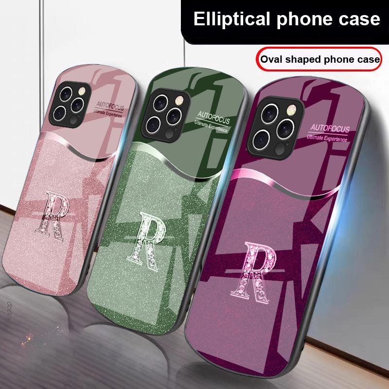 Two Tone Gradient R Letter For IPhone 16 Pro Max 15 Pro 14 13 12 Mini 11 XS Max XR 7 8 Plu SE 2022 Elliptical Glass Phone Case