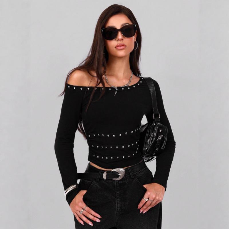New Long Sleeve Slanted Shoulder Collar Rivet Womens Blouse Sexy Street Style Spring and Autumn Black Short T-shirt Slim Fit Top
