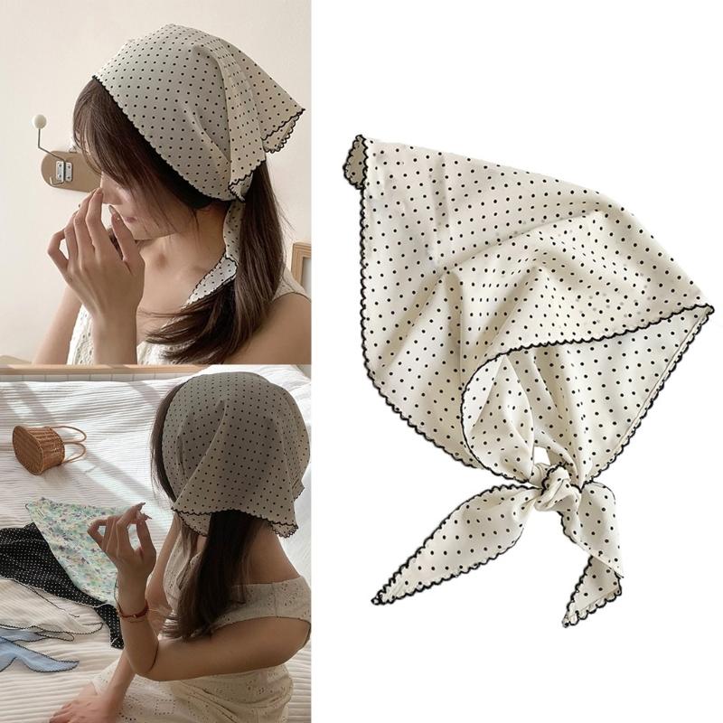 Women's Polyester Head Scarf With Dots Stylish Hair Cover Korean Style Triangled Scarf For Evening or Outdoor Daily Use