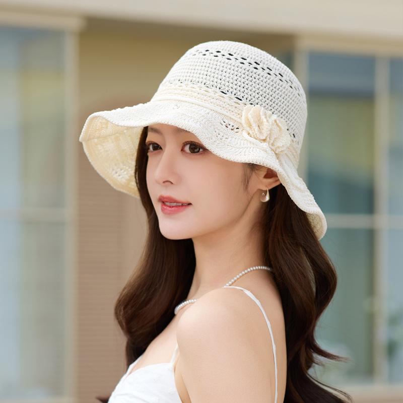 

Summer sunscreen hat hollow dome knitted hat women s Korean version sun hat travel versatile big brim sun hat M（56-58cm） бежевый