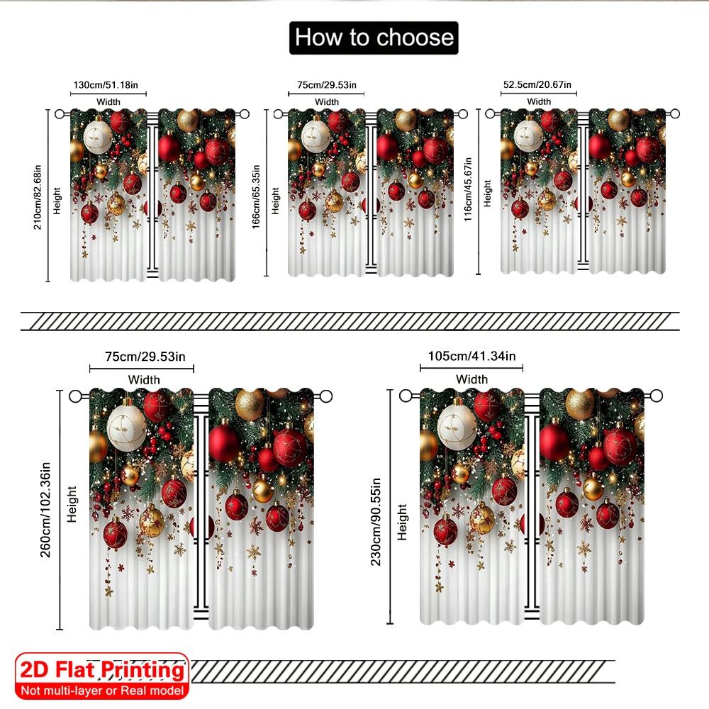 2D flat printing 2pcs Christmas Drapes Red and Gold Ball Pine Branch Snowflake Durable Polyester Without Electricity Versatile