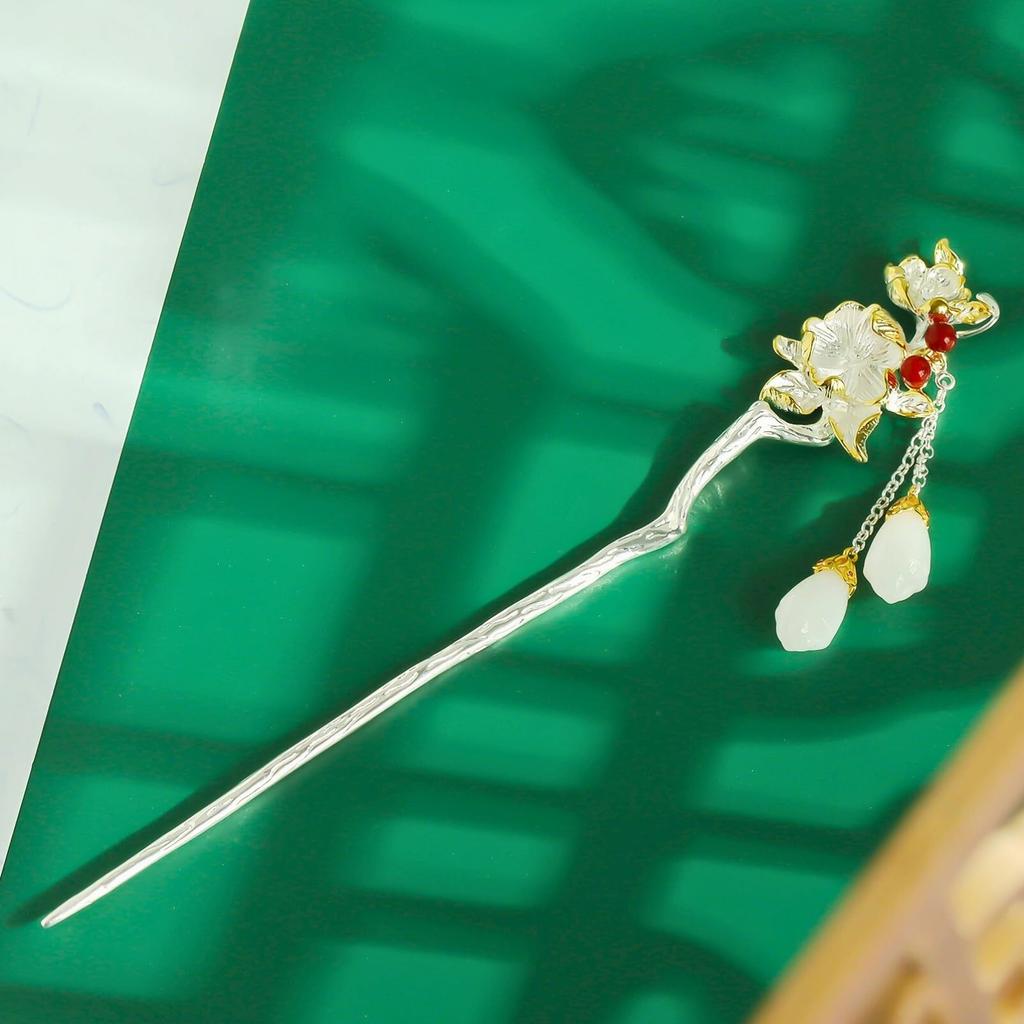 [Miaomyao] Kanzashi (hair ornament), single piece, for Japanese clothing, yukata, kimono, pearl, jade, golden branch and leaf design, silver hair