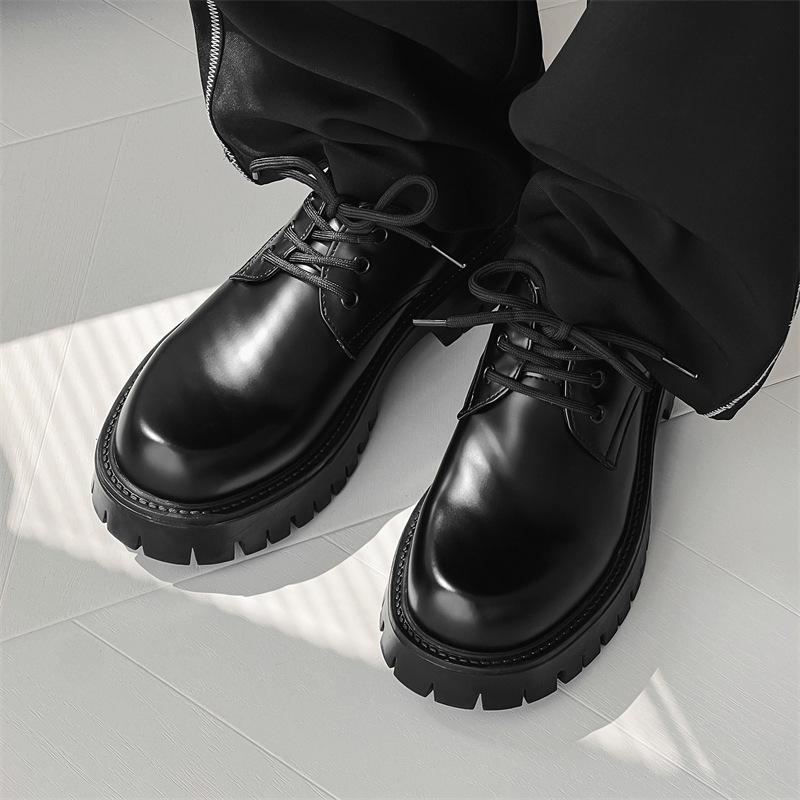 

Мужские туфли, весенние кожаные туфли в британском стиле на платформе, черные, с круглым носком, деловые, повседневные туфли, мужские молодежные туфли 2112-J 38 чёрный