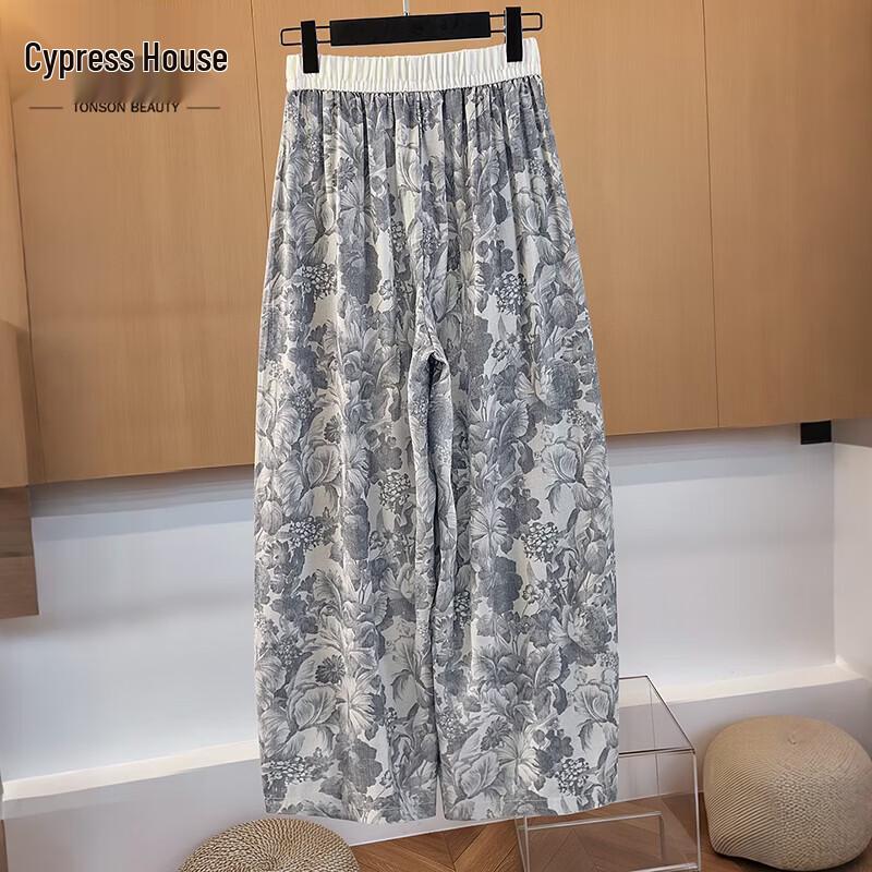 Women s Elastic Waist Printed Floral Loose Wide-Leg Cropped Pants M